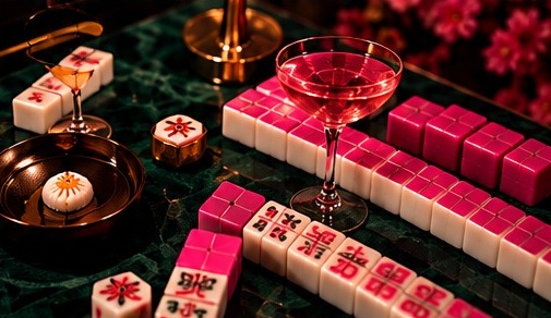 Pink cocktail and a basket of dim sum in the club setting